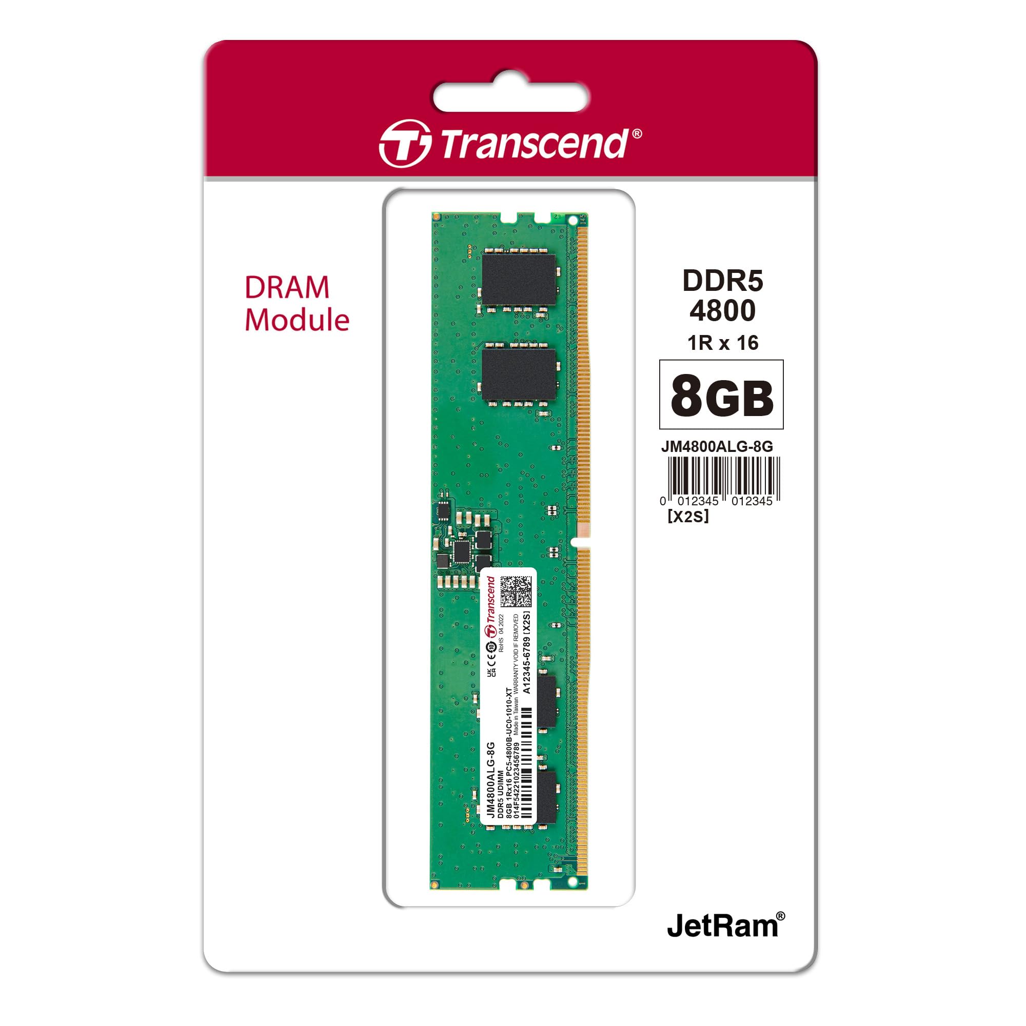 Transcend JM4800ALG8G JetRam DDR5 8GB UDIMM 4800 Mhz 1Rx16 1Gx16